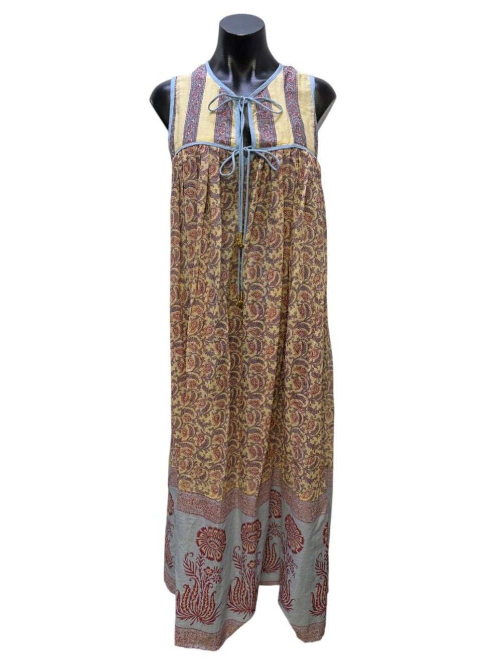 Daughters Of India Bohemian Maxi Dress Blue Yellow Red Floral Block Print XS